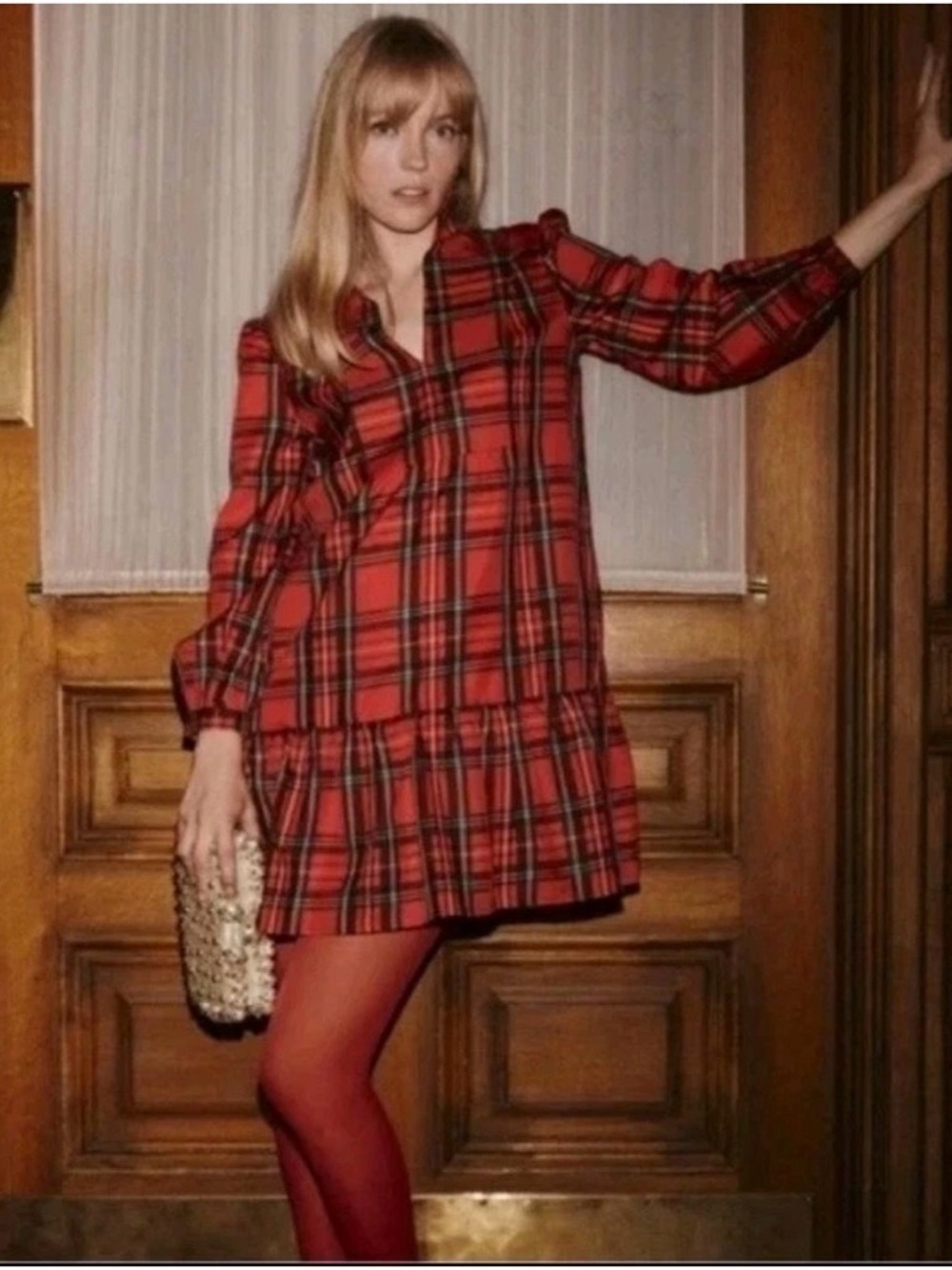 Tuckernuck Red Plaid Ruffle Hem Mini Dress Long Sleeve Size Small